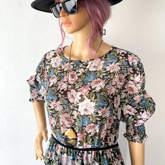 Floral Midi Dress w Long Sleeves Ruffled Dress Romantic Bohemian Flower Print XS - Picture 5 of 10